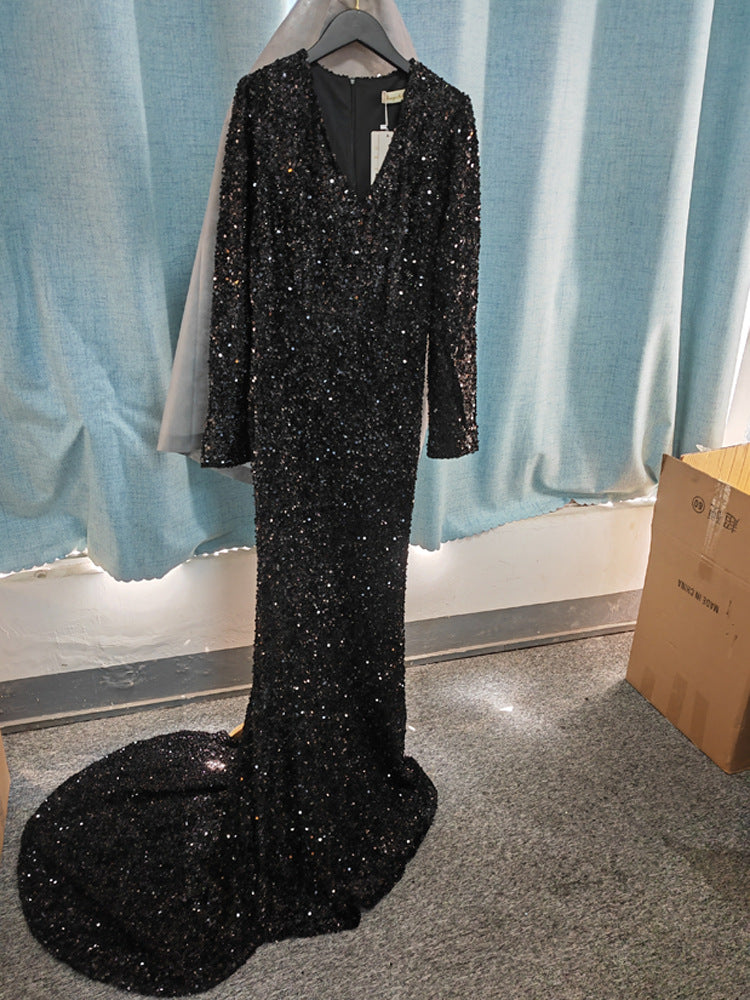 Long Sleeve Sequin Evening Dress