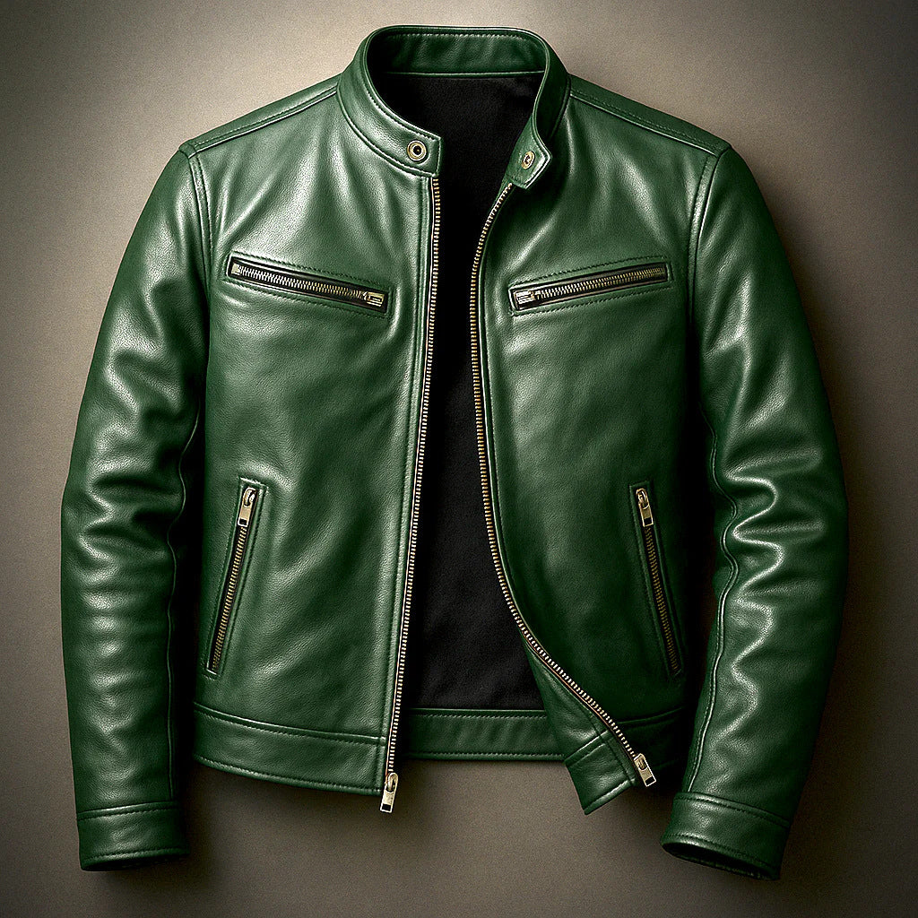 Leather Motorcycle Jacket With A Stand-Up Collar