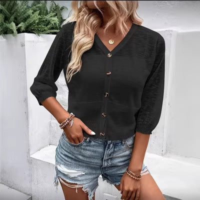 Solid-Color V-Neck Button-Up Knitted Short Cardigan