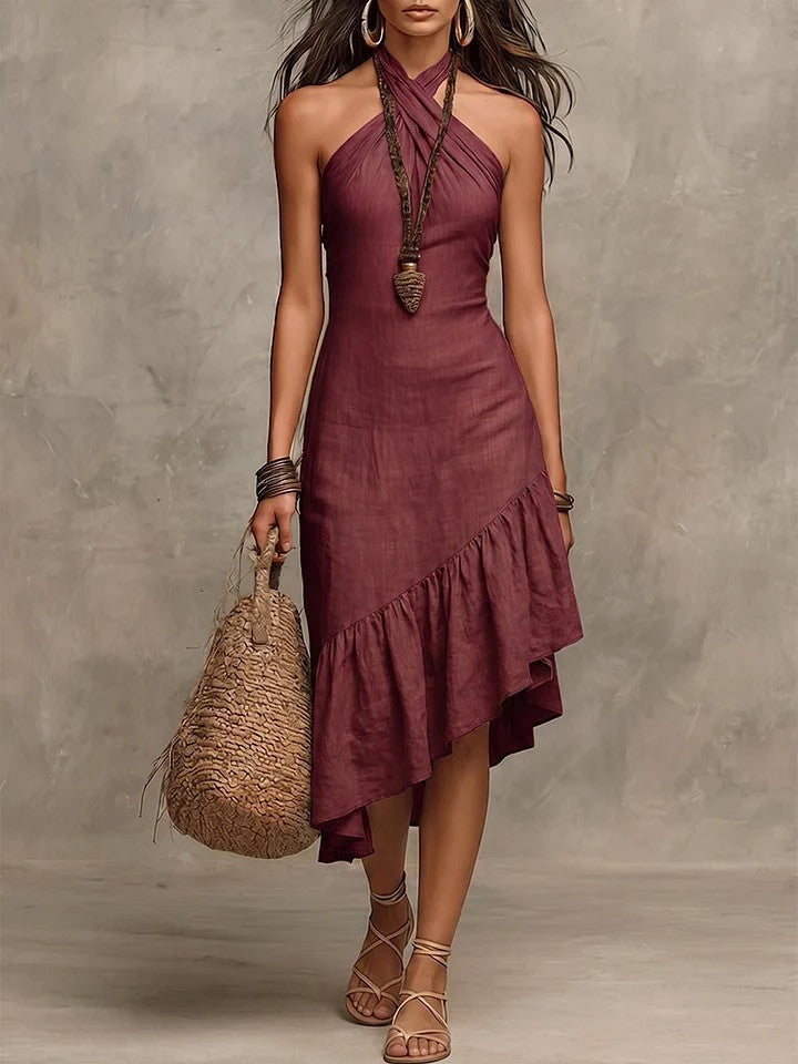 Neck-hanging Long Solid-color Sleeveless Dress