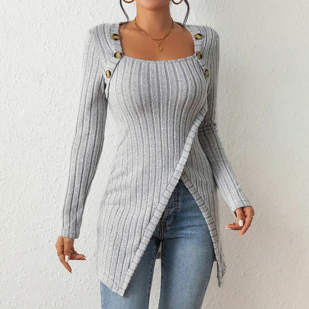 Elegant Women's Solid Color Slim-Fit Long Sleeve Top - Square Neck & Button Detail With Asymmetric Hem, Casual Fall&Spring Blouse