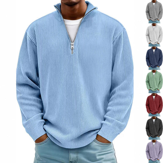 Corduroy Zipper  Sweatshirt Solid Color Long Sleeve