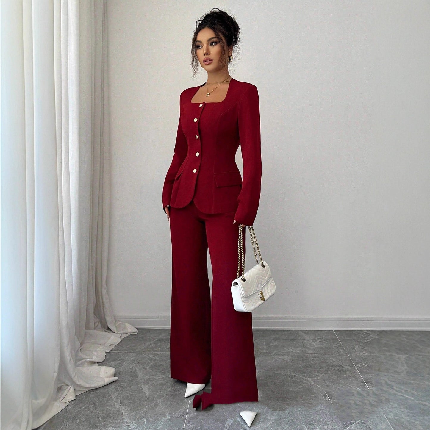 Long-Sleeve Top And Wide-Leg Pants Two-Piece Pants Set