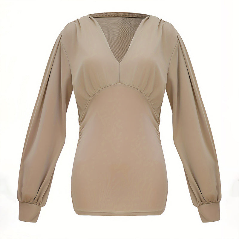 Women's Elegant Solid Color Deep V-Neck Long Sleeve Top With Draped Detail - Casual Pullover Blouse For Spring&Fall