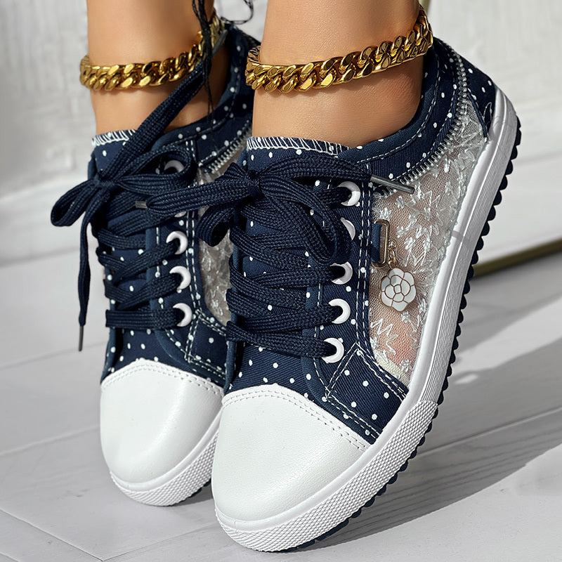 Floral Embroidered Polka Dot Print Sneakers