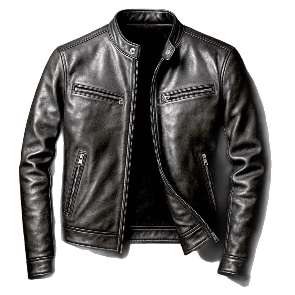 Leather Motorcycle Jacket With A Stand-Up Collar
