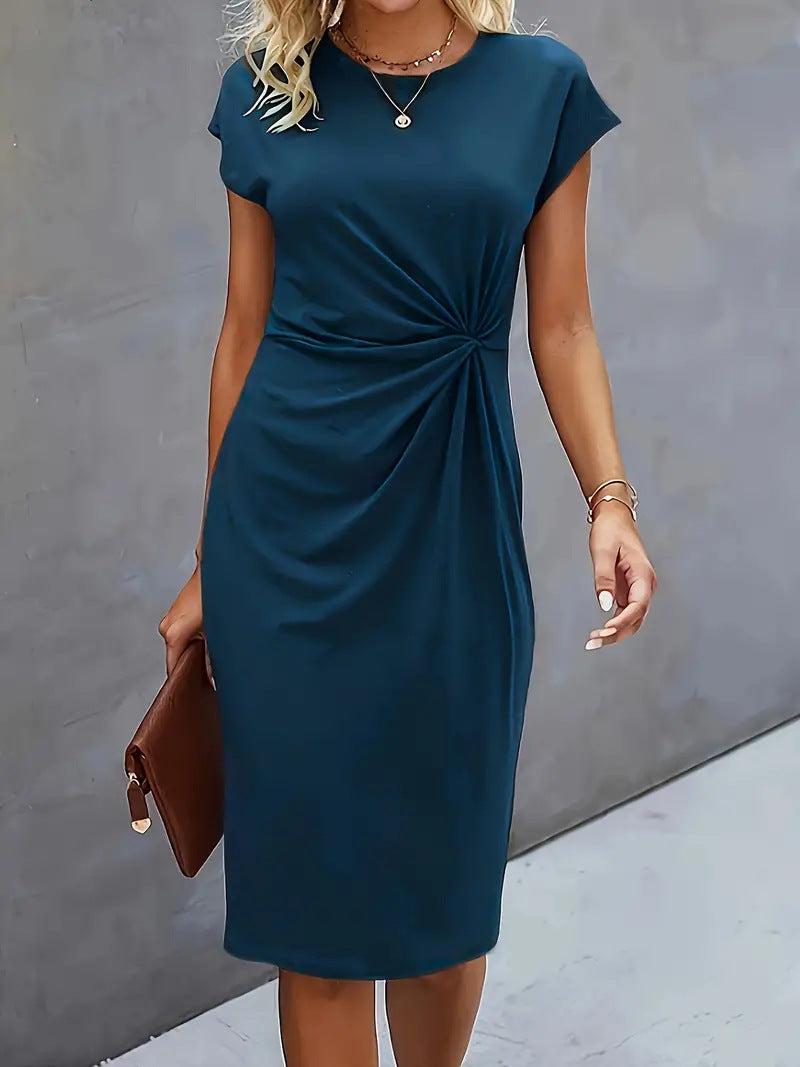 Casual Tight Front Knot Round Neck Mid-length Dress