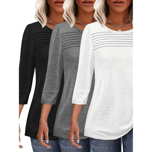 Women's 3-Pack 3 4 Sleeve Tunic Tops, Round Neck Pleated Blouse, Dressy Casual Shirts For Spring Summer Fall