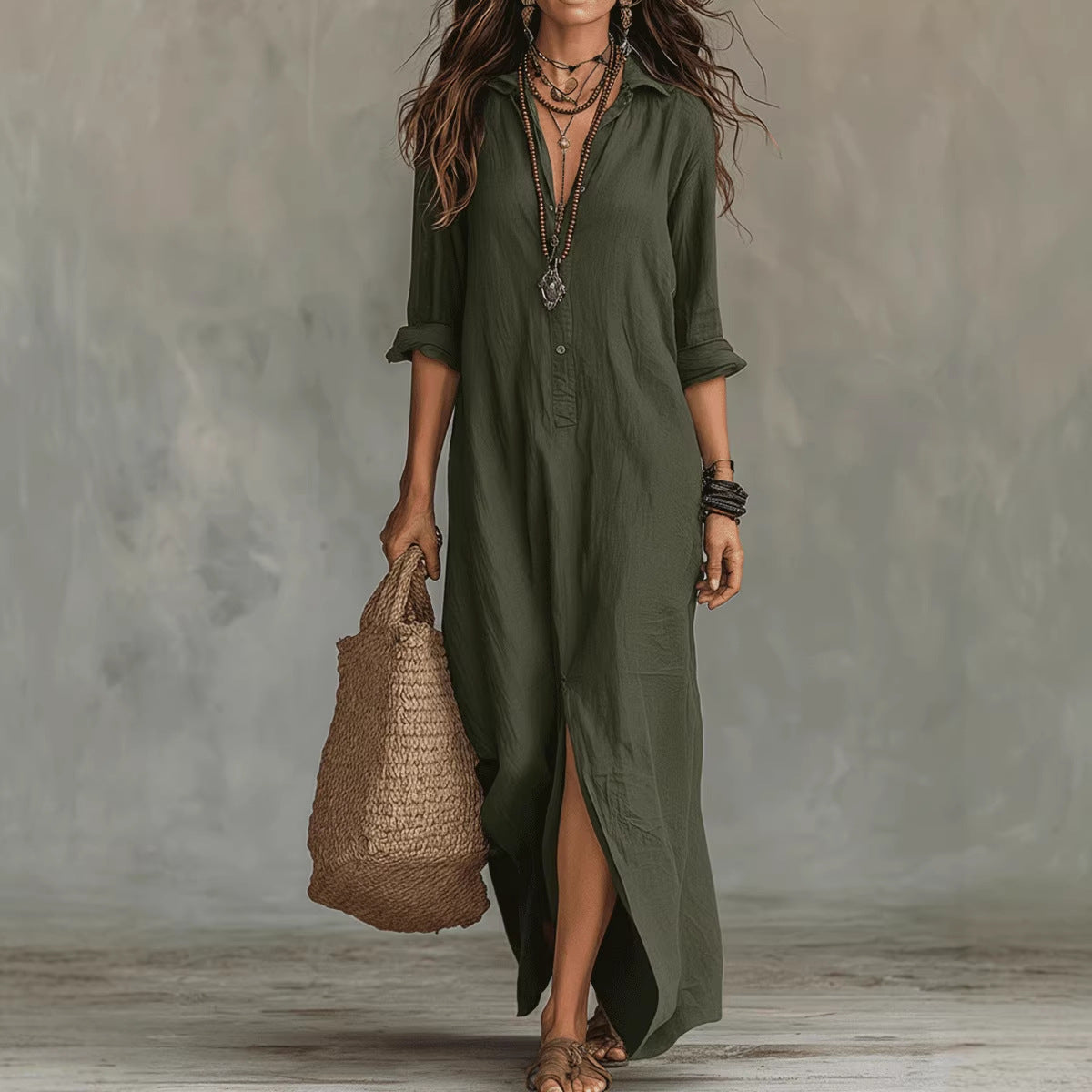 Solid-color Lapel-front Slit Maxi Dress