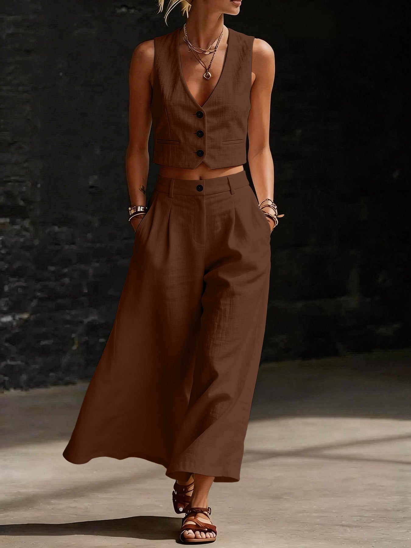 Short V-Neck Top And Wide-Leg Pants Set