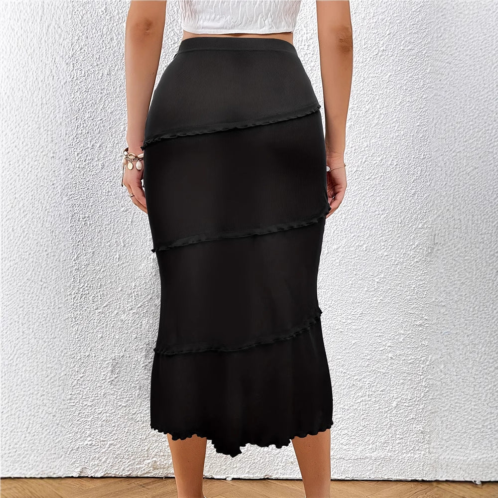 Solid-Color Multi-Layer Patchwork Ruffle-Trim Knitted Fishtail Skirt