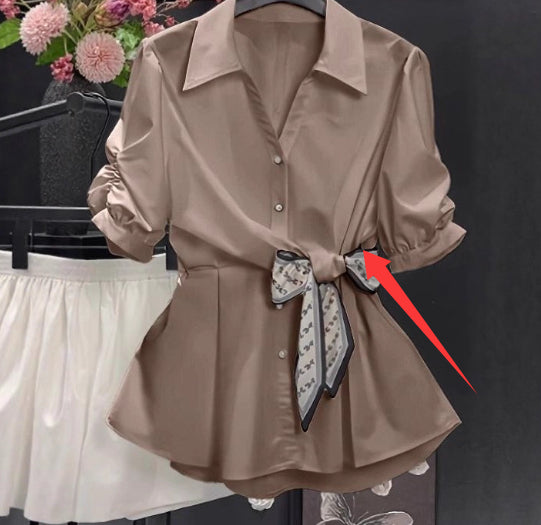 Short-sleeve Top Petite Shirt Fitted-waist Blouse