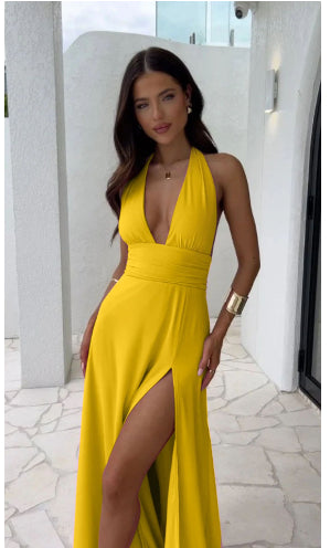 Halterneck V-neck Slit Dress  Backless Strappy Skirt