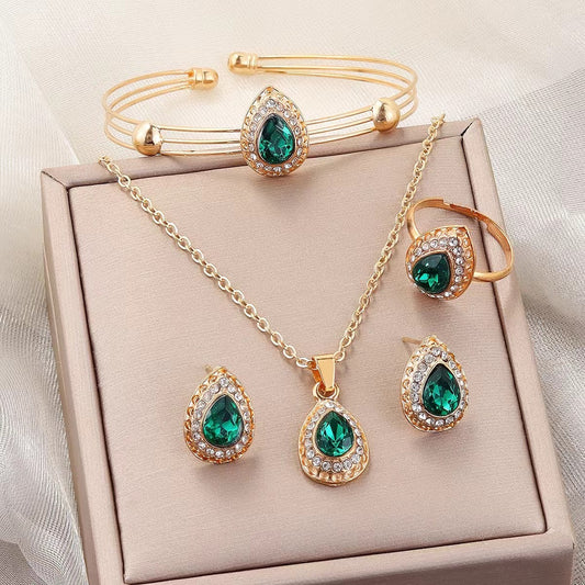 Water Drop Gem Series Necklace Earring Ring Bracelet Four-piece Set