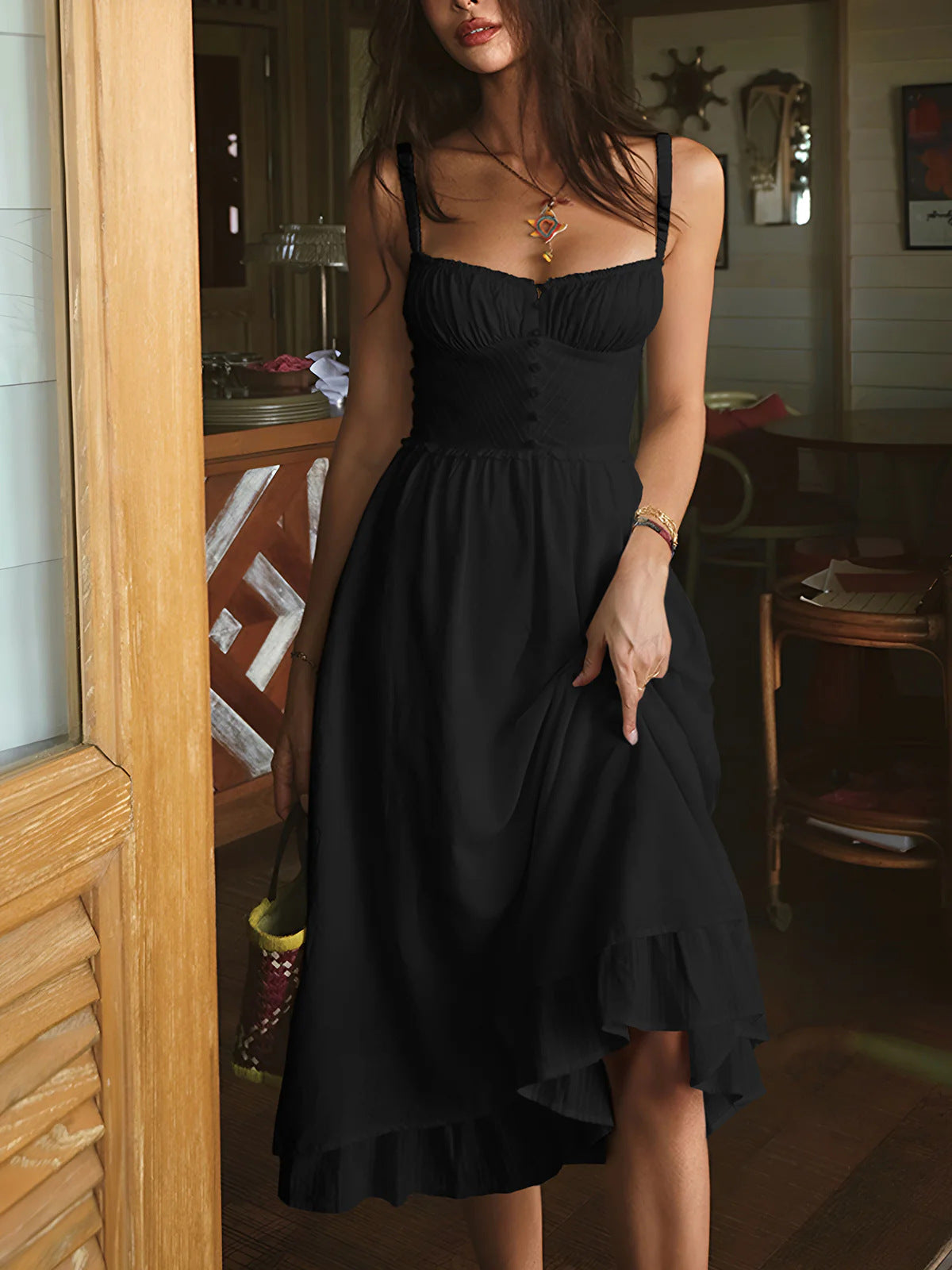 French-style  Slip Dress Open-back Solid Color High-waisted