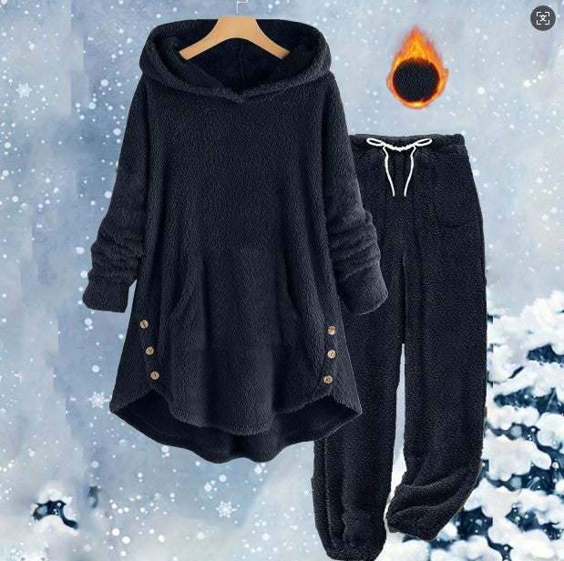 Solid-color Plush Hooded Long-sleeve Pants