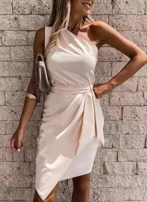 Sleeveless Slanted Shoulder Irregular Tie Party Dress