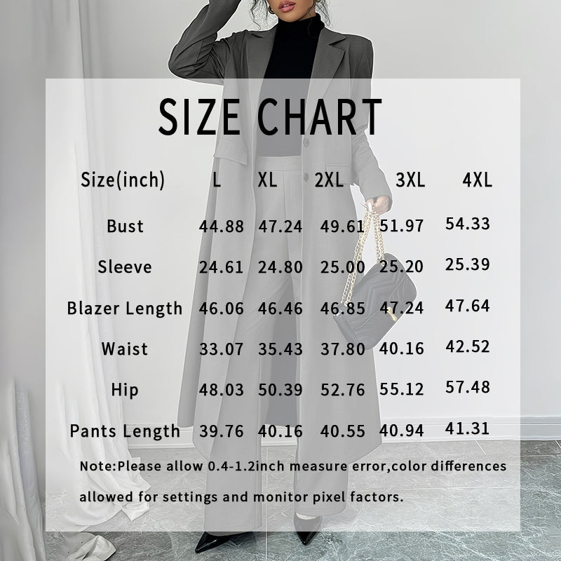 Women's 2 Piece Suit Set, Long Blazer Jacket And Straight Leg Pants, Business Formal Office Outfits