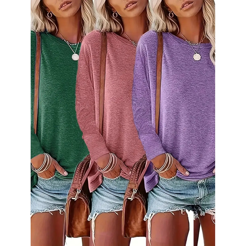 3 Pack Womens Plus Size Long Sleeve Shirts Crew Neck Basic Tee Tops Loose Fit Fall Outfits For Women 1X-5X