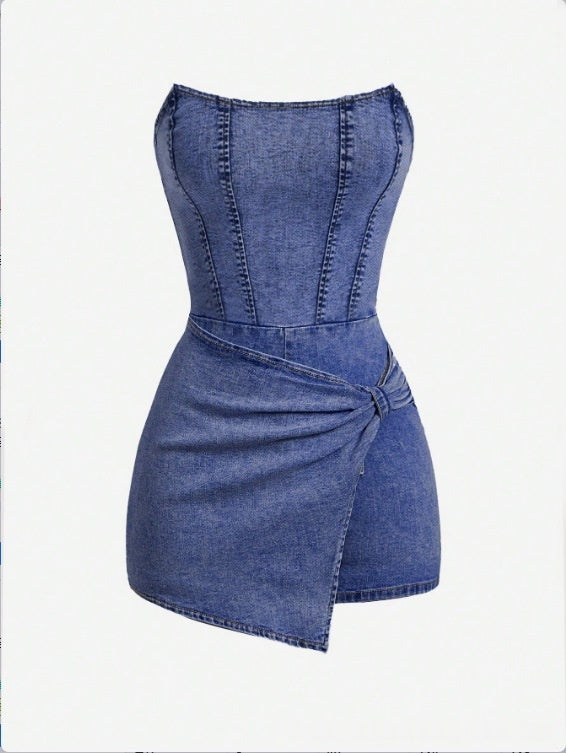 Tube-top Denim Jumpsuit Skirt