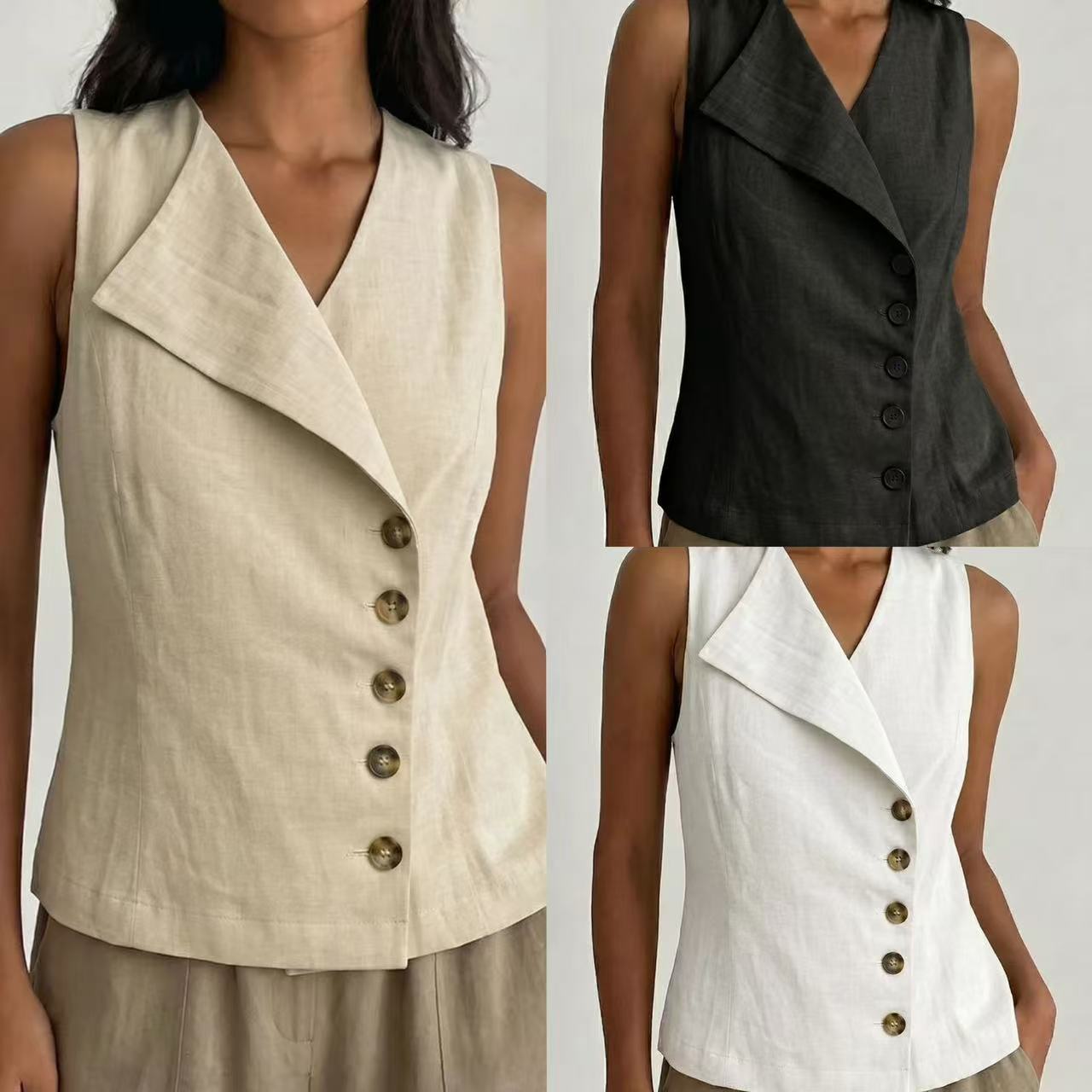 Sleeveless Button-Down V-Neck Solid-Color Shirt