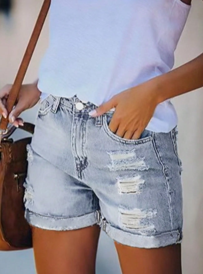Womens Mid-High Rise Ripped Jean Shorts Distressed Stretchy Denim Shorts