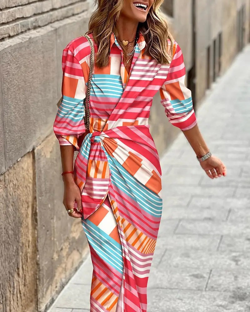 Printed Shirt Collar Lacing Mid-length Striped Dress