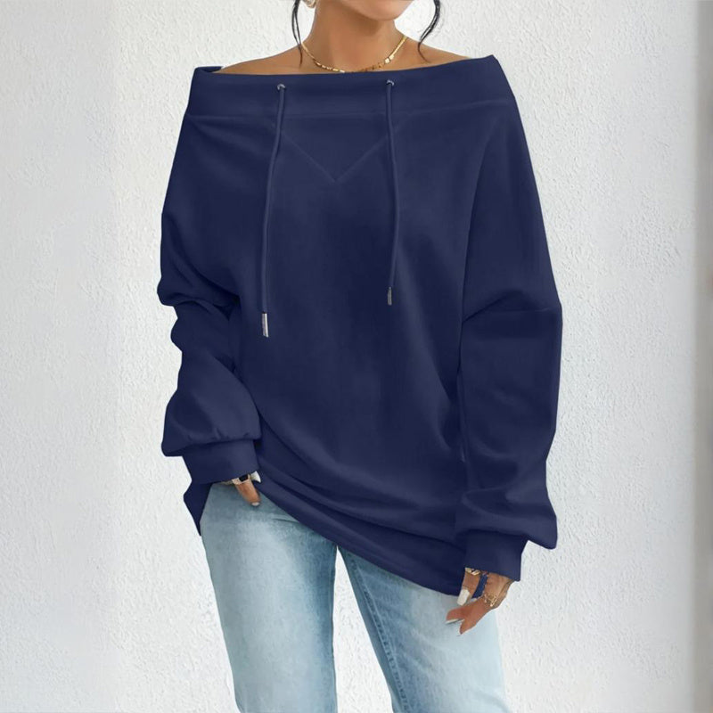 Plus Size Women's Solid Color Off-Shoulder Long Sleeve Pullover With Drawstring - Casual Ribbed Detail Top For Spring&Fall