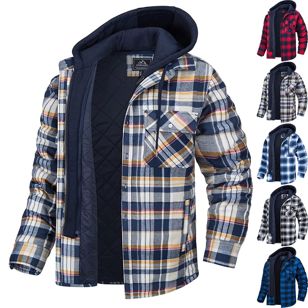 Plaid Hooded Coat Button Zip-up
