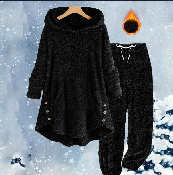 Solid-color Plush Hooded Long-sleeve Pants