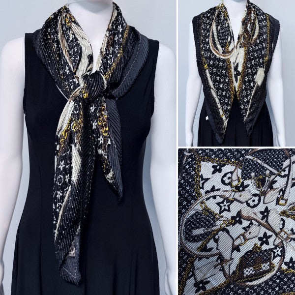 Black Flower Silk Feel Pleated Scarf With Rhinesto
