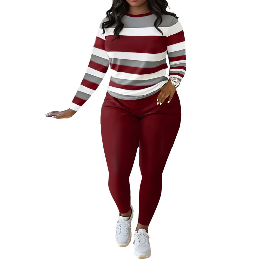 Striped Print Crew-neck Long-sleeve Pants Set