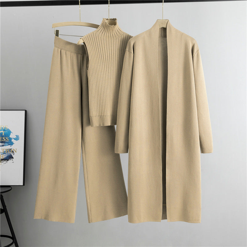 3pcs Suits Women Knitting Sleeveless Vest Sweater Long Cardigan And Wide-leg Pants