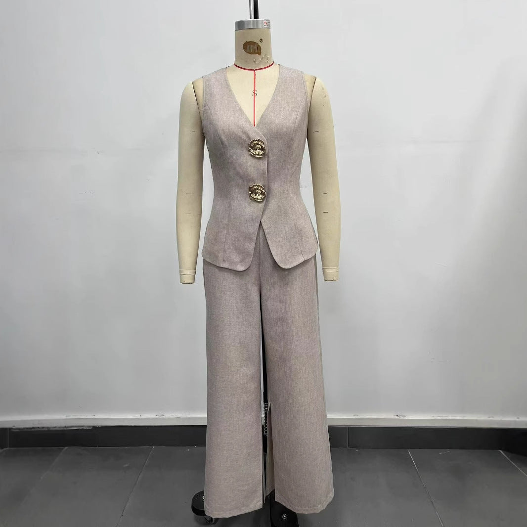 Breathable V-neck Sleeveless Split-front Wide-leg Pants Set