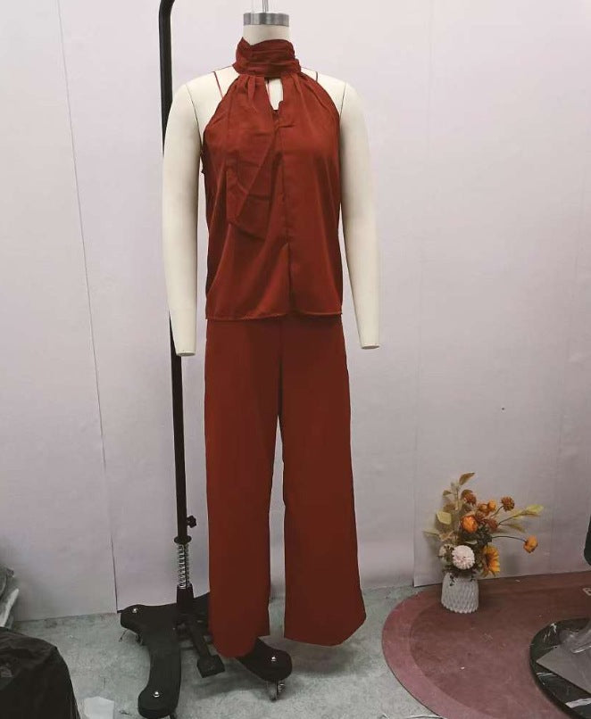 Cutout Crew-neck Sleeveless Top And Wide-leg Pants Set