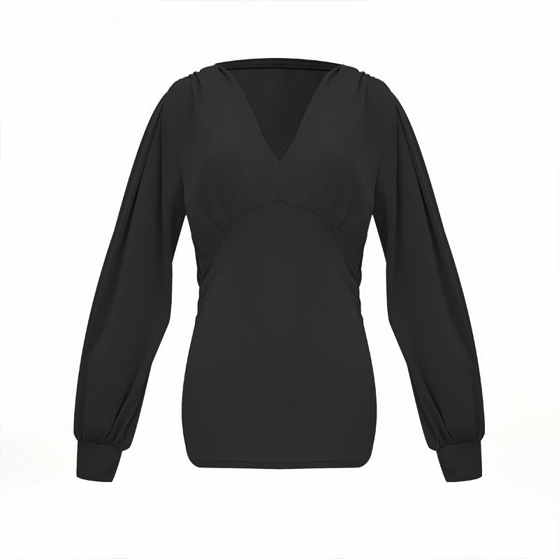 Women's Elegant Solid Color Deep V-Neck Long Sleeve Top With Draped Detail - Casual Pullover Blouse For Spring&Fall