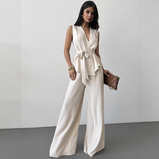 Lace-up V-neck Vest Top And Pants Two-piece Set