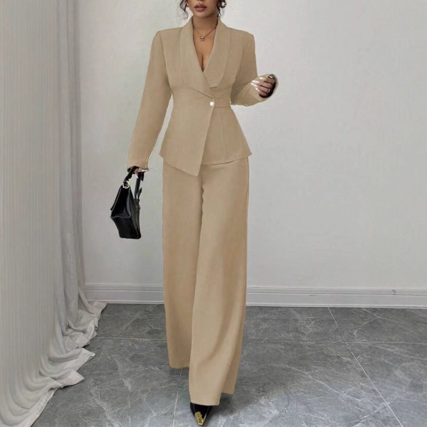 Solid-color Long-sleeve Straight-leg Pants Set