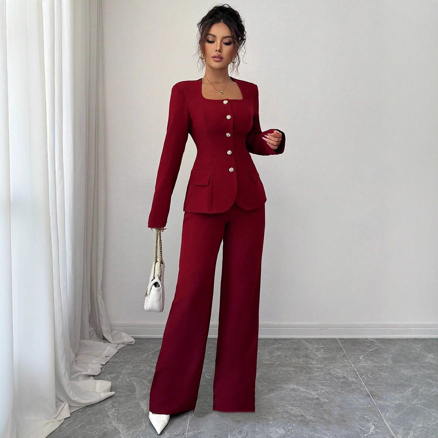 Long-Sleeve Top And Wide-Leg Pants Two-Piece Pants Set