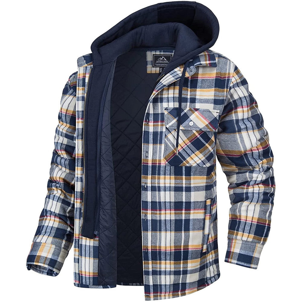 Plaid Hooded Coat Button Zip-up