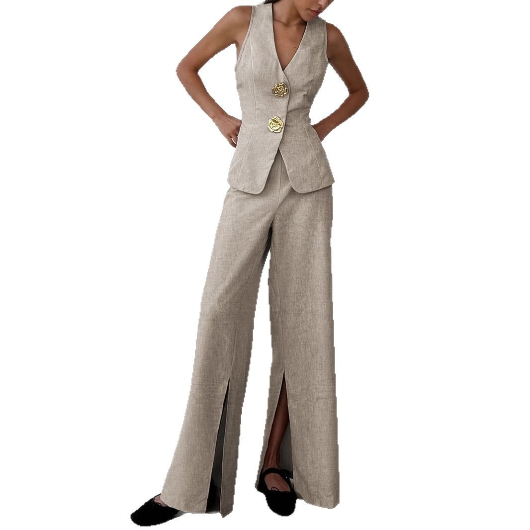 Breathable V-neck Sleeveless Split-front Wide-leg Pants Set