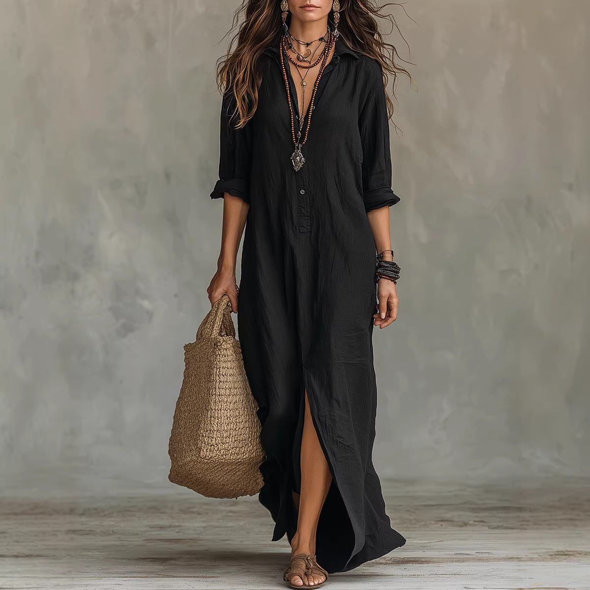 Solid-color Lapel-front Slit Maxi Dress